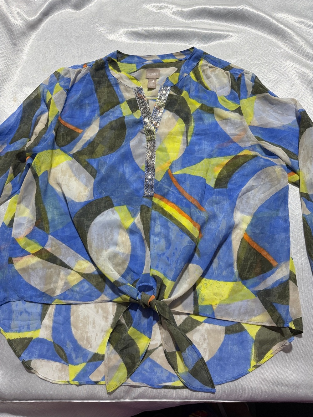 Chico's Blue Abstract Tie-Front Blouse with Sequin Placket